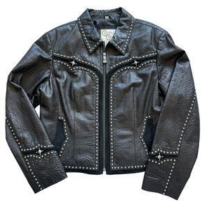 VTG Cripple Creek Studded Leather Jacket XL Western Croc Embossed Biker Rocker